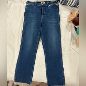 PAIGE Dark Blue Straight Leg Jeans with Raw Hem